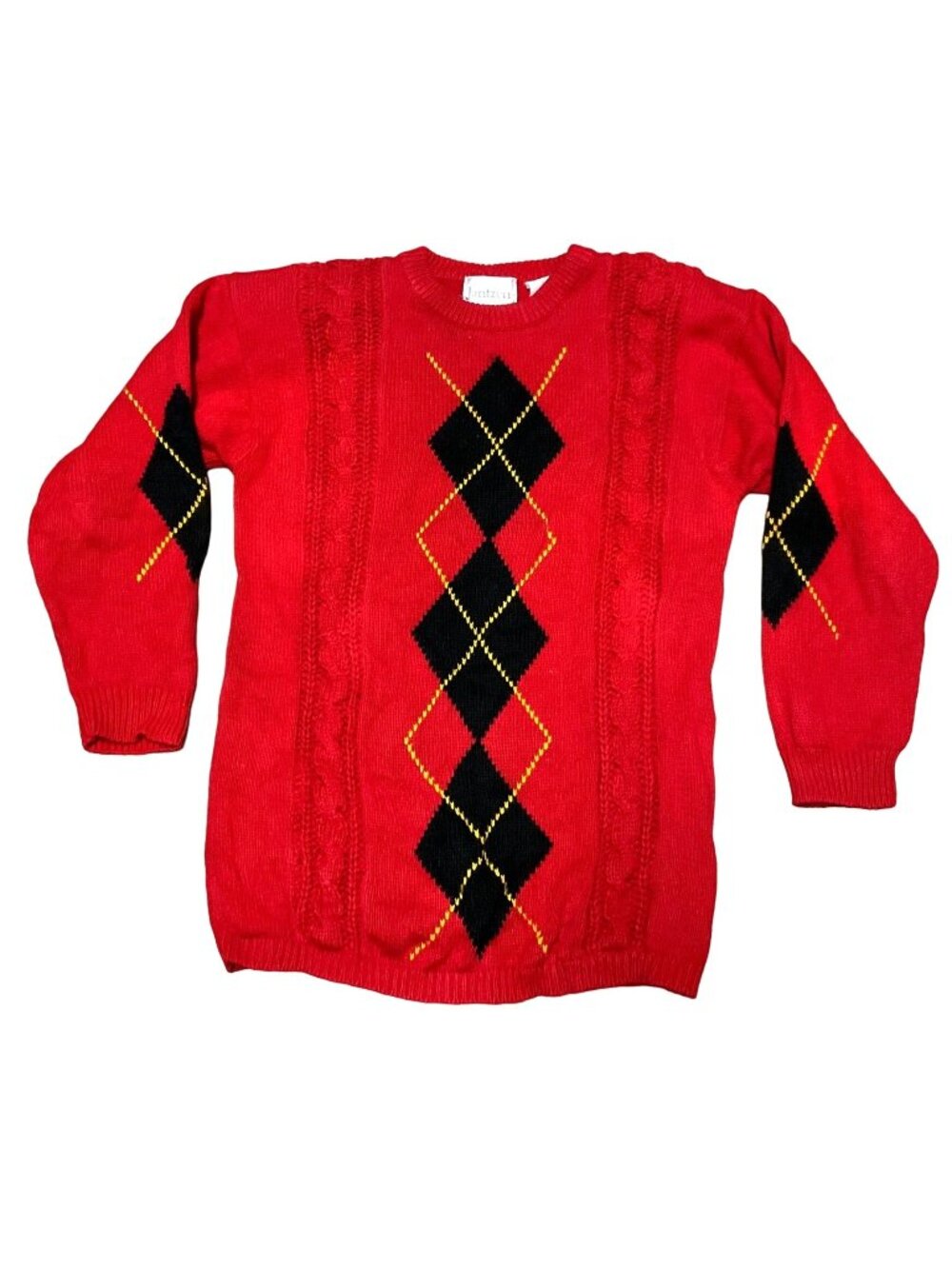 Vtg Red Jantzen Argyle Sweater Sz S Pullover Crew Neck Shoulder Pads Womens